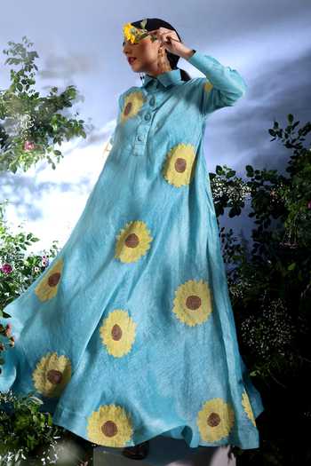 Buy_Taisha_Sky Blue Linen Applique Collared Himari Sunflower Pure Dress _Online_at_Aza_Fashions