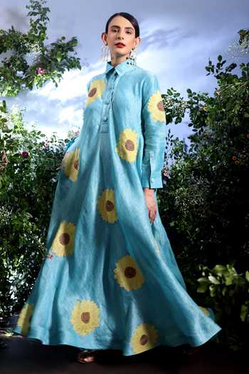 Buy_Taisha_Sky Blue Linen Applique Collared Himari Sunflower Pure Dress _at_Aza_Fashions