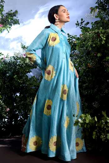 Shop_Taisha_Sky Blue Linen Applique Collared Himari Sunflower Pure Dress _Online_at_Aza_Fashions