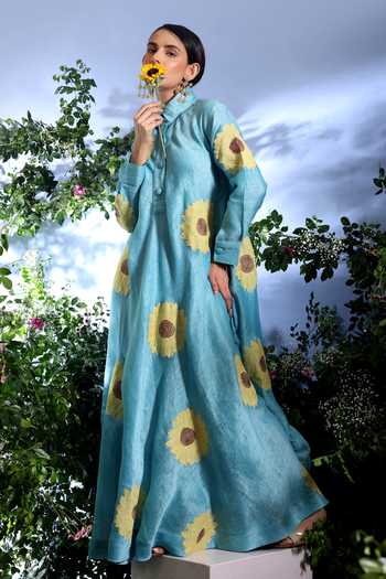 Taisha_Sky Blue Linen Applique Collared Himari Sunflower Pure Dress _at_Aza_Fashions