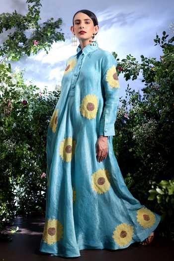 Buy_Taisha_Sky Blue Linen Applique Collared Himari Sunflower Pure Dress 