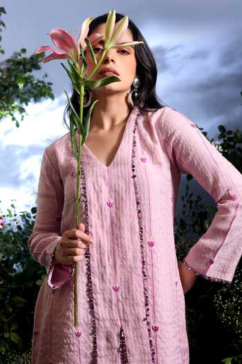 Buy_Taisha_Purple Chanderi Embroidery, Sequins, Sukriti Stripe Pattern Kurta And Pant Set _Online_at_Aza_Fashions