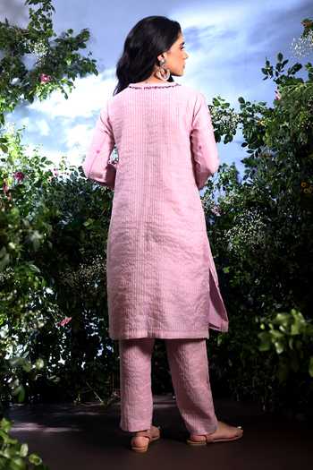 Shop_Taisha_Purple Chanderi Embroidery, Sequins, Sukriti Stripe Pattern Kurta And Pant Set _at_Aza_Fashions