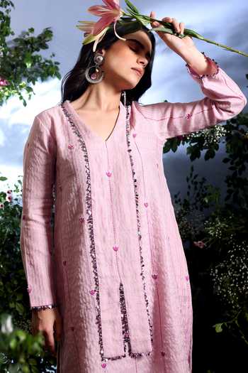 Shop_Taisha_Purple Chanderi Embroidery, Sequins, Sukriti Stripe Pattern Kurta And Pant Set _Online_at_Aza_Fashions