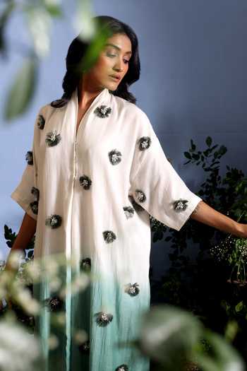Taisha_Green Chanderi Embroidery, Pearls, Anvaya Pure Malai Ombre Kurta And Pant Set _Online_at_Aza_Fashions