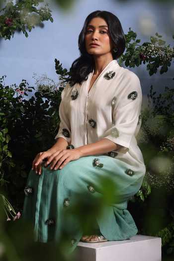 Buy_Taisha_Green Chanderi Embroidery, Pearls, Anvaya Pure Malai Ombre Kurta And Pant Set _Online_at_Aza_Fashions