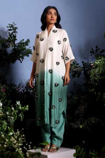Shop_Taisha_Green Chanderi Embroidery, Pearls, Anvaya Pure Malai Ombre Kurta And Pant Set _Online_at_Aza_Fashions