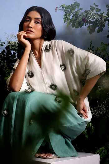 Taisha_Green Chanderi Embroidery, Pearls, Anvaya Pure Malai Ombre Kurta And Pant Set _at_Aza_Fashions