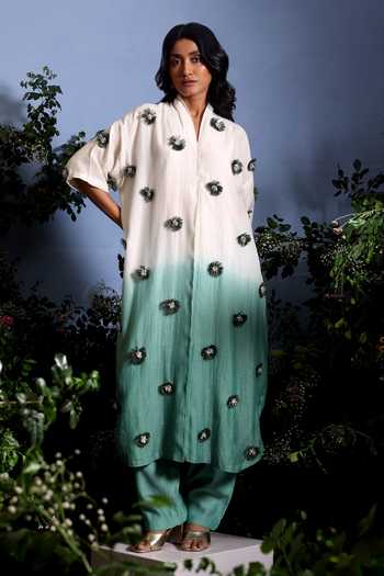 Buy_Taisha_Green Chanderi Embroidery, Pearls, Anvaya Pure Malai Ombre Kurta And Pant Set 