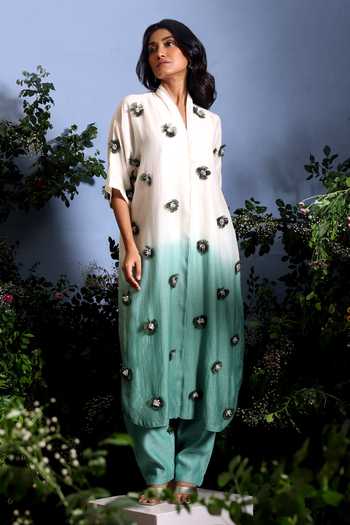 Shop_Taisha_Green Chanderi Embroidery, Pearls, Anvaya Pure Malai Ombre Kurta And Pant Set 