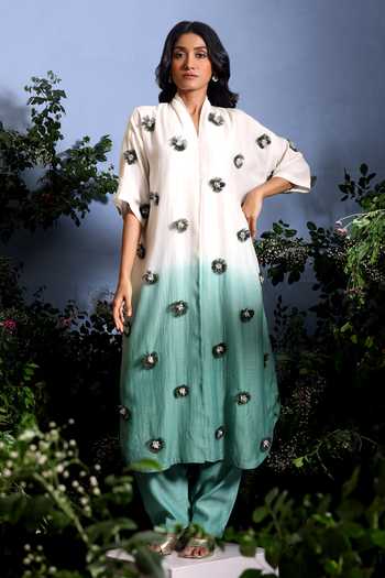 Taisha_Green Chanderi Embroidery, Pearls, Anvaya Pure Malai Ombre Kurta And Pant Set _Online