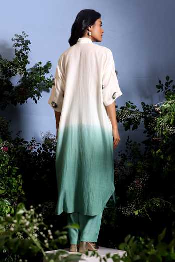 Shop_Taisha_Green Chanderi Embroidery, Pearls, Anvaya Pure Malai Ombre Kurta And Pant Set _at_Aza_Fashions