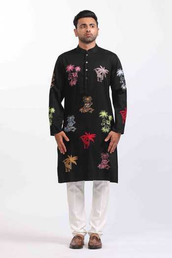 Agraj Jain_Black Silk, Cotton, Bamboo Embroidery Cats And Elephants Kurta Set _Online_at_Aza_Fashions