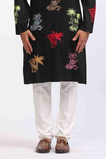 Buy_Agraj Jain_Black Silk, Cotton, Bamboo Embroidery Cats And Elephants Kurta Set _Online_at_Aza_Fashions