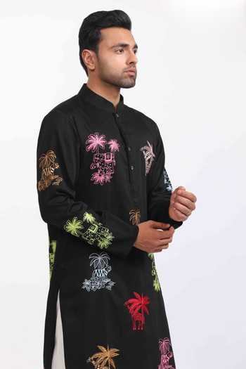 Shop_Agraj Jain_Black Silk, Cotton, Bamboo Embroidery Cats And Elephants Kurta Set _Online_at_Aza_Fashions