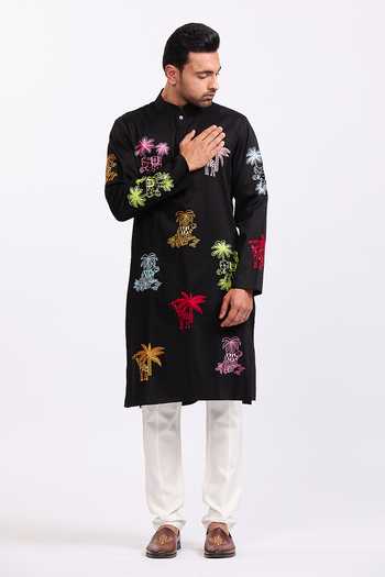 Buy_Agraj Jain_Black Silk, Cotton, Bamboo Embroidery Cats And Elephants Kurta Set _at_Aza_Fashions