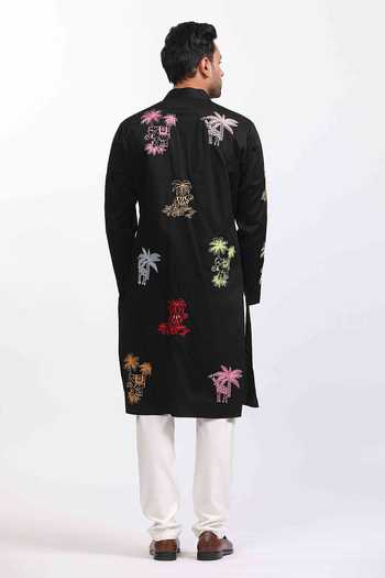 Shop_Agraj Jain_Black Silk, Cotton, Bamboo Embroidery Cats And Elephants Kurta Set _at_Aza_Fashions