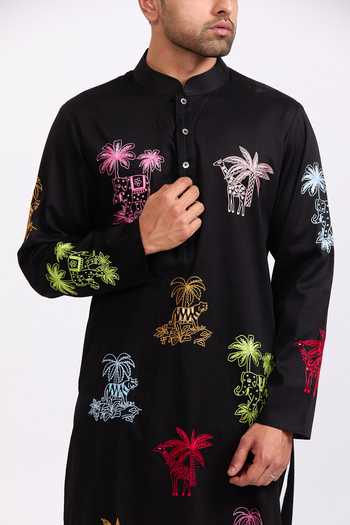 Agraj Jain_Black Silk, Cotton, Bamboo Embroidery Cats And Elephants Kurta Set _at_Aza_Fashions