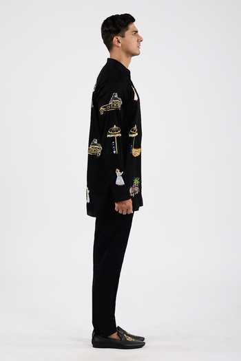 Buy_Agraj Jain_Black Silk, Cotton, Bamboo Sequins, Beads Cats And Cars Embroidered Kurta Set _Online_at_Aza_Fashions