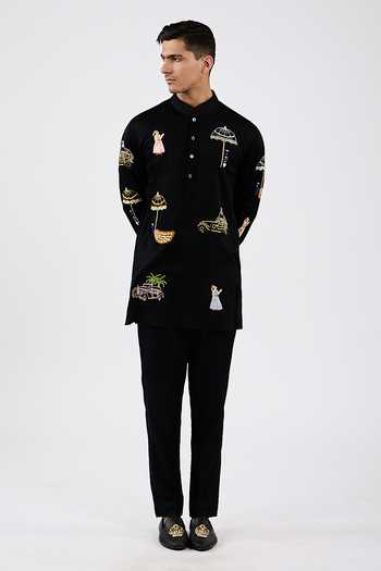 Buy_Agraj Jain_Black Silk, Cotton, Bamboo Sequins, Beads Cats And Cars Embroidered Kurta Set _at_Aza_Fashions