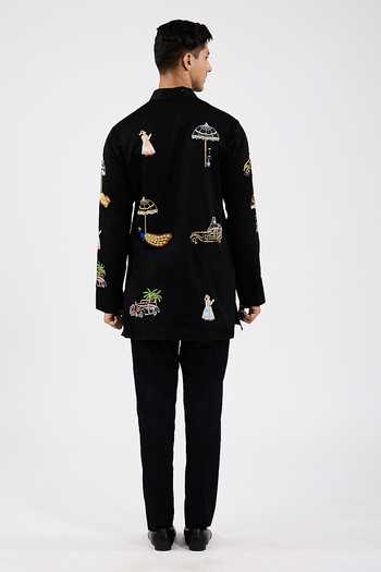 Shop_Agraj Jain_Black Silk, Cotton, Bamboo Sequins, Beads Cats And Cars Embroidered Kurta Set _at_Aza_Fashions