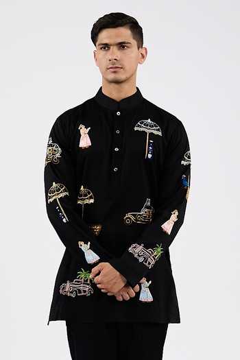 Shop_Agraj Jain_Black Silk, Cotton, Bamboo Sequins, Beads Cats And Cars Embroidered Kurta Set _Online_at_Aza_Fashions
