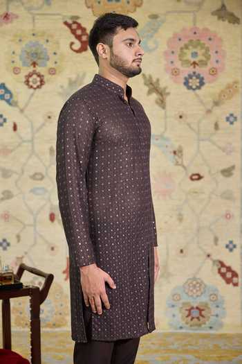 Buy_Agraj Jain_Brown Cotton, Georgette, Satin Embroidery Coffee Jaisalmer Kurta Set _Online_at_Aza_Fashions