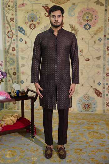 Buy_Agraj Jain_Brown Cotton, Georgette, Satin Embroidery Coffee Jaisalmer Kurta Set _at_Aza_Fashions