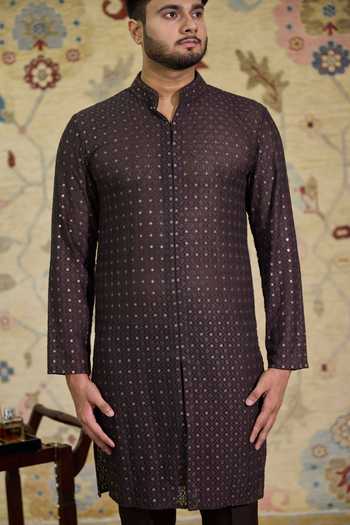 Shop_Agraj Jain_Brown Cotton, Georgette, Satin Embroidery Coffee Jaisalmer Kurta Set _Online_at_Aza_Fashions