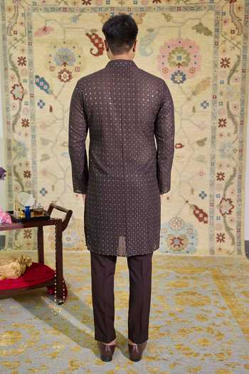 Shop_Agraj Jain_Brown Cotton, Georgette, Satin Embroidery Coffee Jaisalmer Kurta Set _at_Aza_Fashions