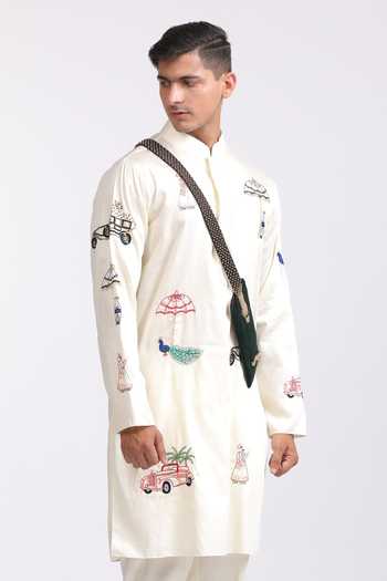 Agraj Jain_Ivory Silk, Cotton, Bamboo Embroidery, Sequins, Beads Cats And Cars Kurta Set _Online_at_Aza_Fashions