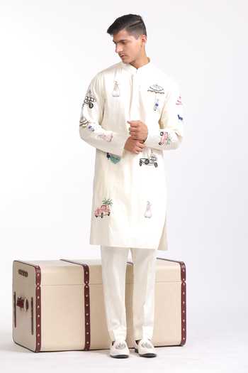 Buy_Agraj Jain_Ivory Silk, Cotton, Bamboo Embroidery, Sequins, Beads Cats And Cars Kurta Set _at_Aza_Fashions