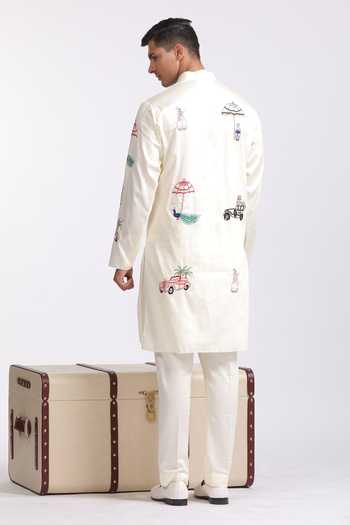 Shop_Agraj Jain_Ivory Silk, Cotton, Bamboo Embroidery, Sequins, Beads Cats And Cars Kurta Set _at_Aza_Fashions