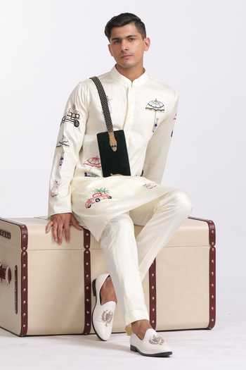 Buy_Agraj Jain_Ivory Silk, Cotton, Bamboo Embroidery, Sequins, Beads Cats And Cars Kurta Set _Online_at_Aza_Fashions