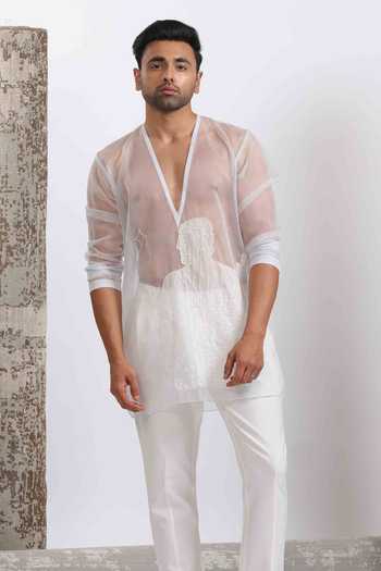 Buy_Agraj Jain_White Organza Embroidery, Applique Hand Hercules Motif Kurta _Online_at_Aza_Fashions