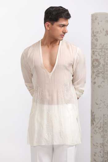 Agraj Jain_Ivory Organza Embroidery, Applique Leaf Sheer Kurta _Online_at_Aza_Fashions