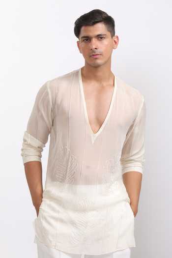 Buy_Agraj Jain_Ivory Organza Embroidery, Applique Leaf Sheer Kurta _at_Aza_Fashions