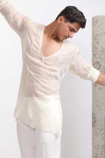 Buy_Agraj Jain_Ivory Organza Embroidery, Applique Leaf Sheer Kurta _Online_at_Aza_Fashions