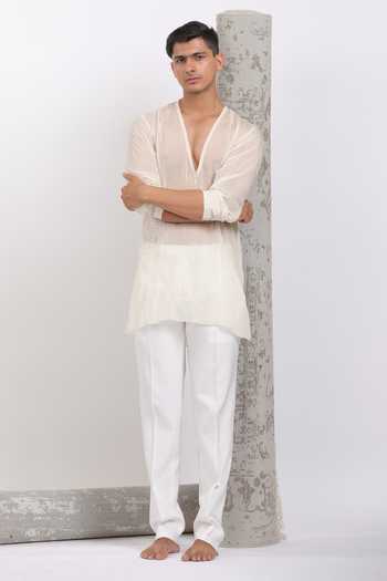 Shop_Agraj Jain_Ivory Organza Embroidery, Applique Leaf Sheer Kurta _at_Aza_Fashions
