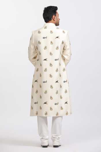 Shop_Agraj Jain_Ivory Silk, Bamboo Embroidery, Zari Ranthambore Sherwani Set _at_Aza_Fashions