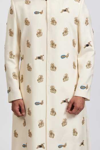 Agraj Jain_Ivory Silk, Bamboo Embroidery, Zari Ranthambore Sherwani Set _Online_at_Aza_Fashions