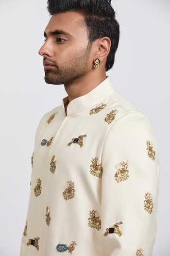 Buy_Agraj Jain_Ivory Silk, Bamboo Embroidery, Zari Ranthambore Sherwani Set _Online_at_Aza_Fashions