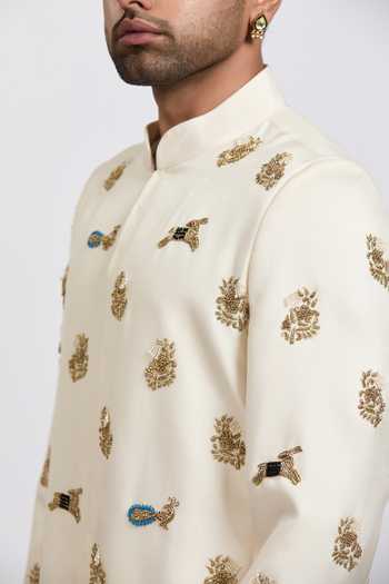 Shop_Agraj Jain_Ivory Silk, Bamboo Embroidery, Zari Ranthambore Sherwani Set _Online_at_Aza_Fashions