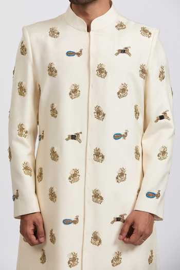 Agraj Jain_Ivory Silk, Bamboo Embroidery, Zari Ranthambore Sherwani Set _at_Aza_Fashions