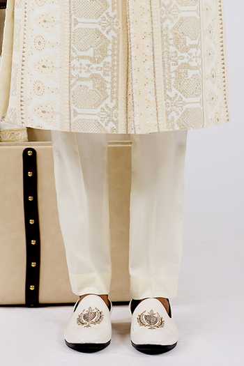 Agraj Jain_Ivory Silk, Cotton Embroidery, Sequins Mansingh Sherwani Set _Online_at_Aza_Fashions
