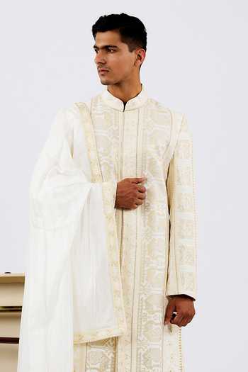 Buy_Agraj Jain_Ivory Silk, Cotton Embroidery, Sequins Mansingh Sherwani Set _Online_at_Aza_Fashions