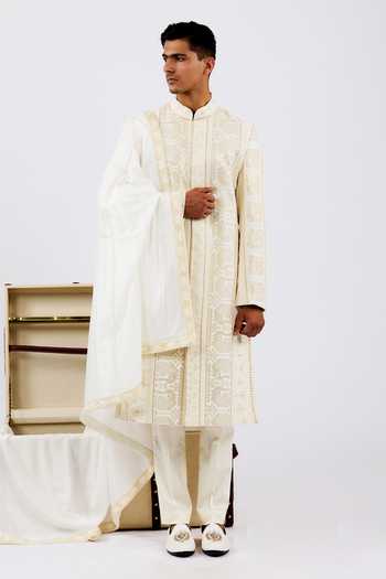 Buy_Agraj Jain_Ivory Silk, Cotton Embroidery, Sequins Mansingh Sherwani Set _at_Aza_Fashions