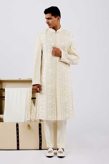 Shop_Agraj Jain_Ivory Silk, Cotton Embroidery, Sequins Mansingh Sherwani Set _Online_at_Aza_Fashions