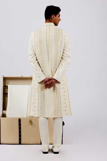 Shop_Agraj Jain_Ivory Silk, Cotton Embroidery, Sequins Mansingh Sherwani Set _at_Aza_Fashions