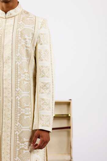 Agraj Jain_Ivory Silk, Cotton Embroidery, Sequins Mansingh Sherwani Set _at_Aza_Fashions